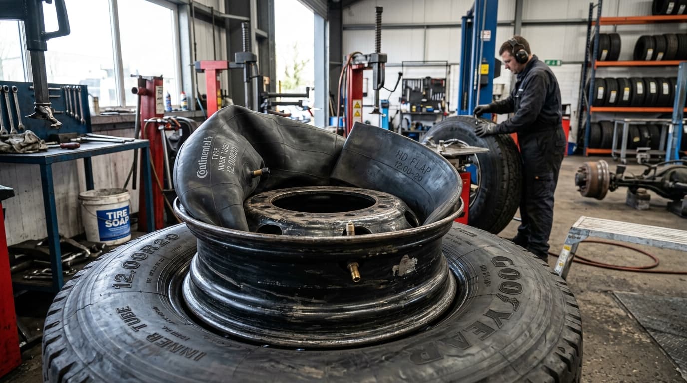 Commercial heavy-duty wheel assembly showing inner flap seated on 12.00R20 rim prior to inflation.